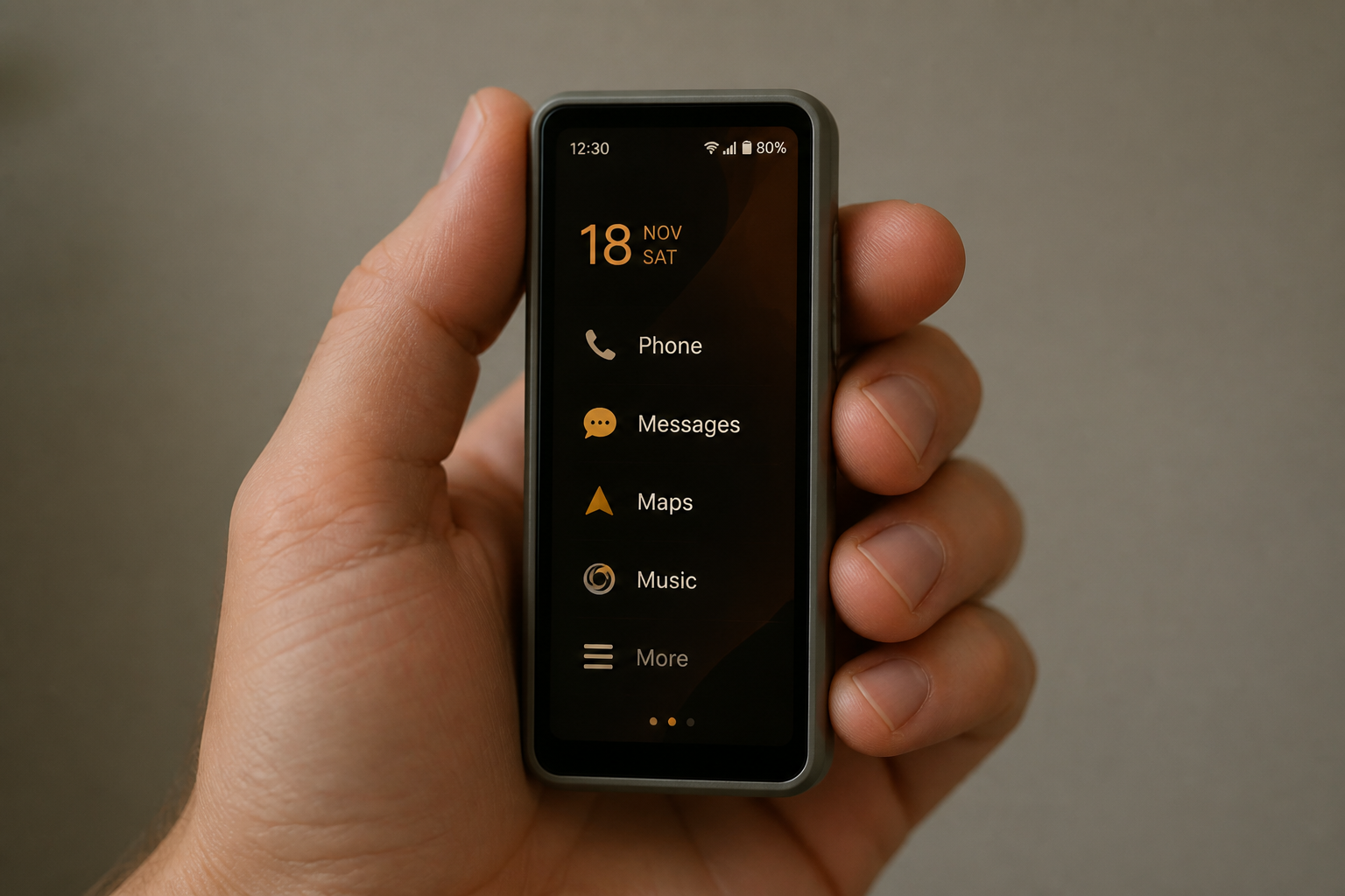 Hand holding pocket-sized Mynah device with gentle glow