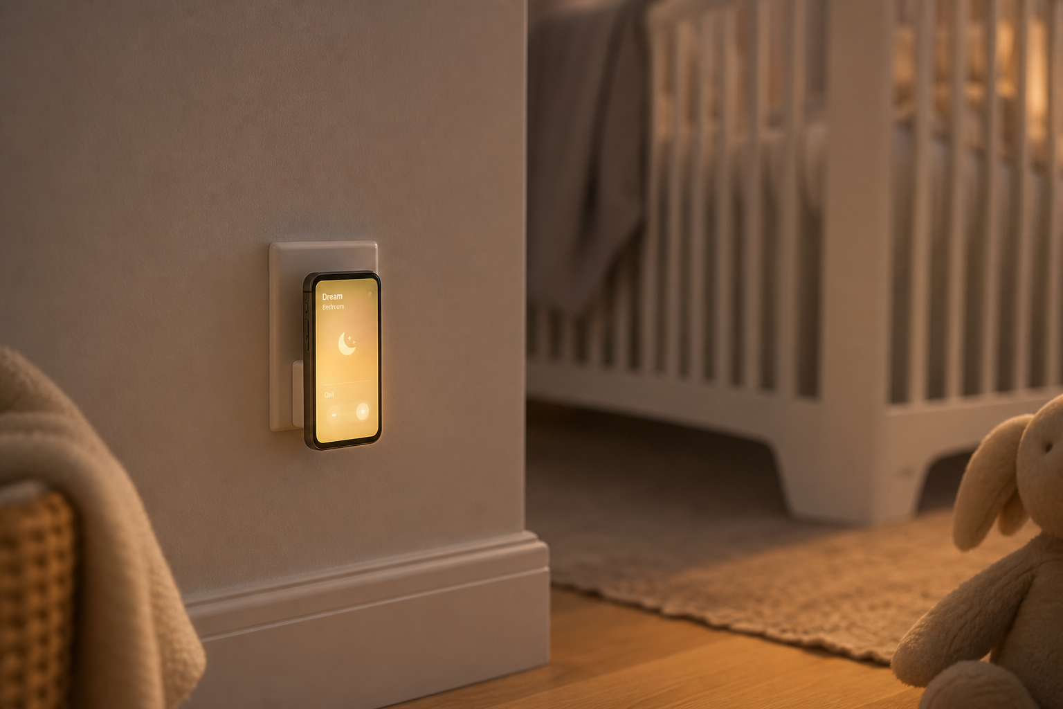 Mynah plugged into a low wall outlet in a nursery, soft glow
