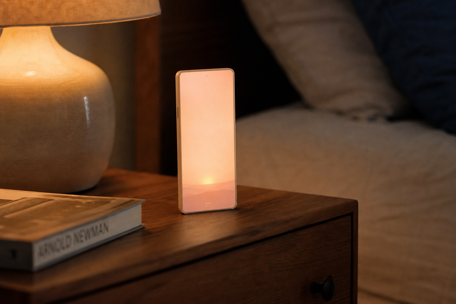 Compact phone-sized Mynah device on a bedside table, screen showing a soft dawn glow